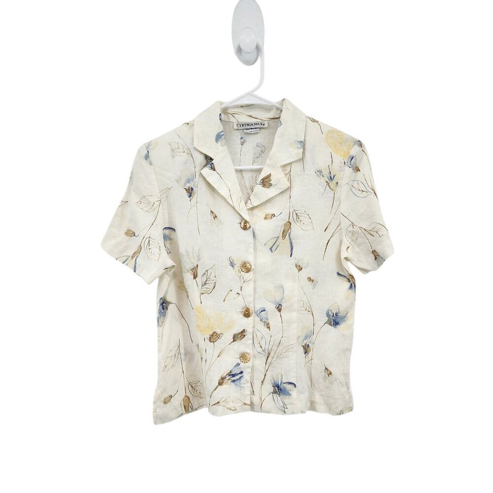 Cynthia Max Women's 100% Linen Floral Button Front Shirt Cottagecore - S